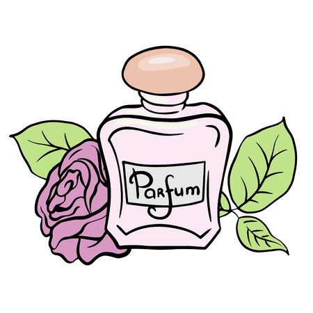 Perfume bottle and flowers. Doodle sketch perfume bottle on white backgroundのイラスト素材