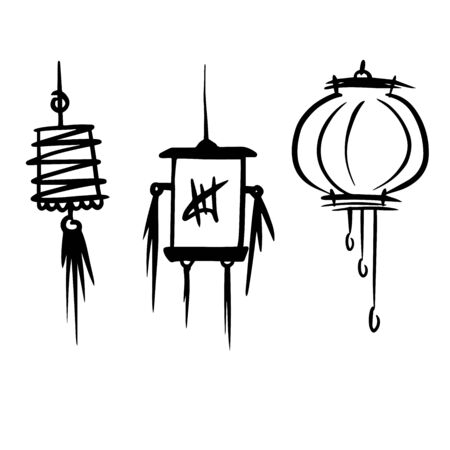 Set of Chinese New Year lanterns, round and cylinder shape. Flat vector style illustration.のイラスト素材