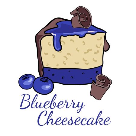 Doodle sketch, hand drawing a piece of blueberries cheesecake, illustration of sweets on a white backgroundのイラスト素材