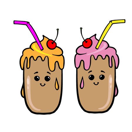 Doodle sketch milkshake with a cherry, cartoon drawing. Cute kawaiiのイラスト素材
