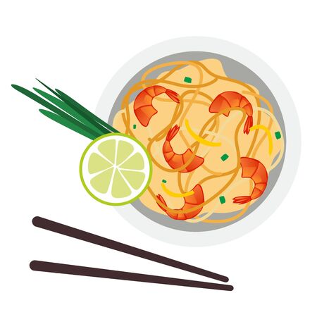 Pad Thai or Stir Fried Noodles with Prawns on Chalkboard. Thai Cuisine, Pad Thai or Thai Stir Fried Noodles with Prawns on Chalkboard. One of The Most Popularのイラスト素材