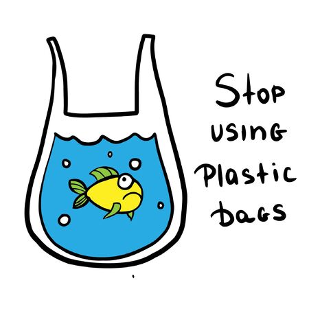 plastic bag with fish and the words do not use plastic bags, protection of nature.のイラスト素材
