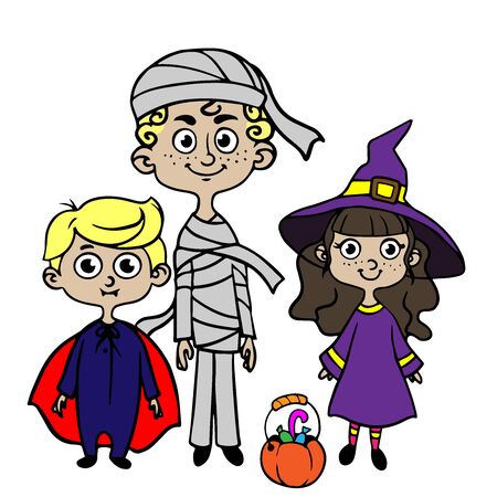 doodle sketch children in costumes, witch, vampire and mummy. Illustration on a white background. Halloween Costume Party Posterのイラスト素材