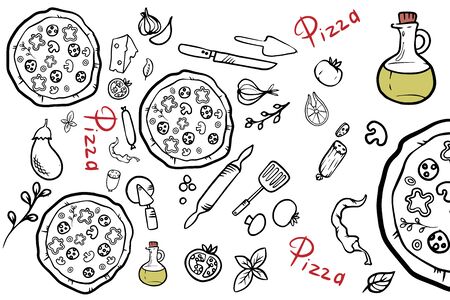 Italian pizza and ingredients top view frame. Italian food menu design template. Vintage hand drawn sketch, vector illustration. Engraved style illustration. Pizza label for menu.のイラスト素材