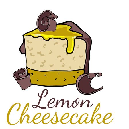 Doodle sketch, hand drawing a piece of lemon cheesecake, illustration of sweets on a white backgroundのイラスト素材