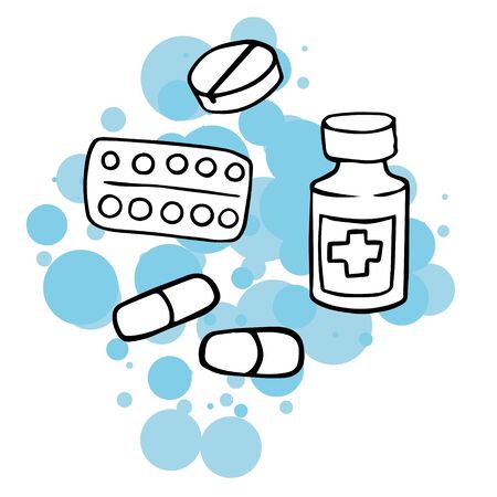 Doodle sketch tablets, capsules. A simple, flat illustration of a medicineのイラスト素材