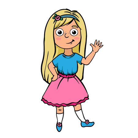 Doodle sketch child girl waving. Simple flat illustrationのイラスト素材