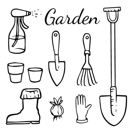  doodle sketch garden tools on white background, cartoon drawing inventoryのイラスト素材