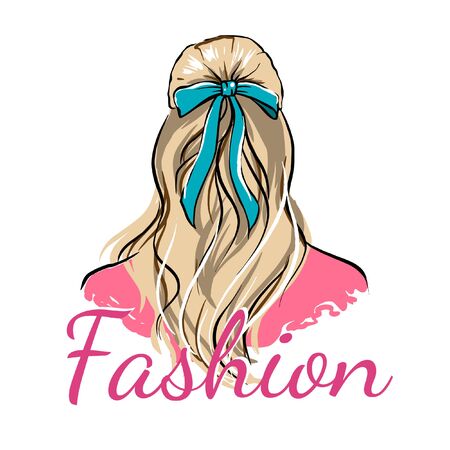 Illustration of a girl from the back, beautiful hair with a bow, fashion drawing on a white backgroundのイラスト素材