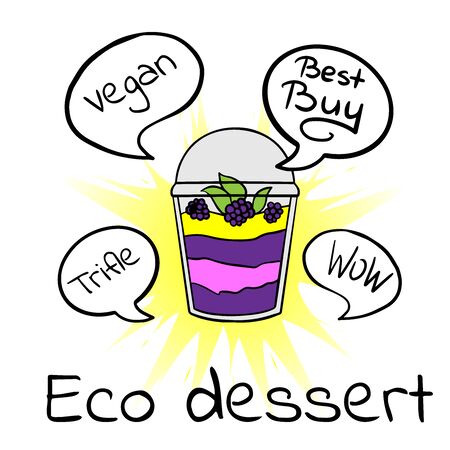  Doodle sketch eco dessert in a glass, Homemade Organic Fresh Fruit Parfait. Vegan Dessert Illustrationのイラスト素材