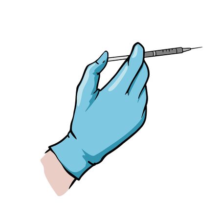 Doodle sketch hand in a medical glove with a syringe. Illustration of an injection on a white background.のイラスト素材