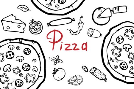 Italian pizza and ingredients top view frame. Italian food menu design template. Vintage hand drawn sketch, vector illustration. Engraved style illustration. Pizza label for menu.のイラスト素材