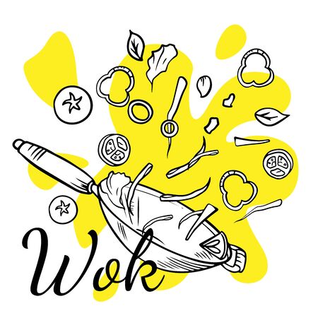 illustration of a Chinese wok pan with flying ingredients. Asian fast street food, rice noodles and vegetables. Vintage hand drawn style.のイラスト素材