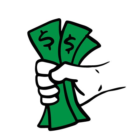 bank note in right hand / cartoon vector and illustration, black and white, hand drawn, sketch style, isolated on white background.のイラスト素材