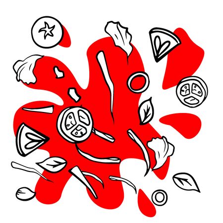 illustration of a Chinese wok pan with flying ingredients. Asian fast street food, rice noodles and vegetables. Vintage hand drawn style.のイラスト素材