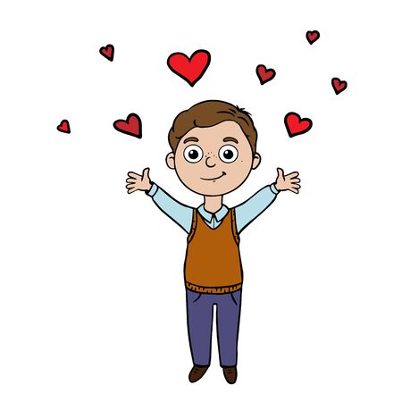  Doodle sketch boy raised her hands up. A simple, flat illustration of a child and hearts. Cartoon drawing for postcards.のイラスト素材