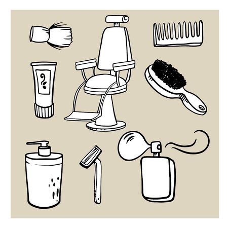 doodle sketch barber chair and tools. A simple, flat illustration of a set.のイラスト素材