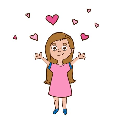  Doodle sketch girl raised her hands up. A simple, flat illustration of a child and hearts. Cartoon drawing for postcards.のイラスト素材