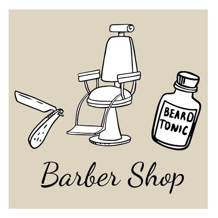  doodle sketch hairdresser chair, dangerous razor and shaving tool. Cartoon illustration for logo, advertisement, barber site.のイラスト素材
