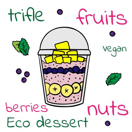 Doodle sketch eco dessert in a glass, Homemade Organic Fresh Fruit Parfait. Vegan Dessert Illustrationのイラスト素材