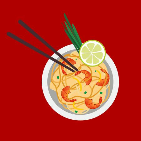 Pad Thai or Stir Fried Noodles with Prawns on Chalkboard. Thai Cuisine, Pad Thai or Thai Stir Fried Noodles with Prawns on Chalkboard. One of The Most Popularのイラスト素材