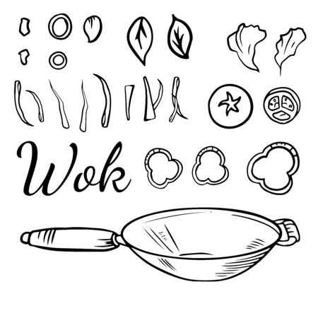 illustration of a Chinese wok pan with flying ingredients. Asian fast street food, rice noodles and vegetables. Vintage hand drawn style.のイラスト素材