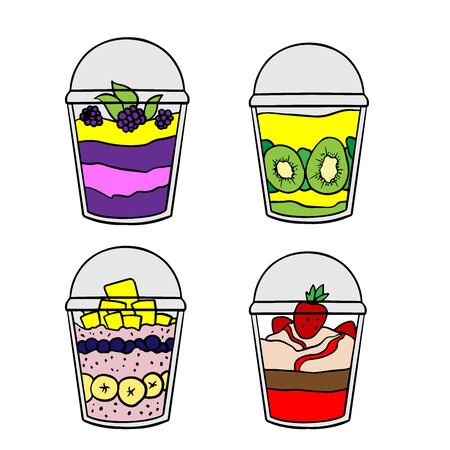  Doodle sketch eco dessert in a glass, Homemade Organic Fresh Fruit Parfait. Vegan Dessert Illustrationのイラスト素材