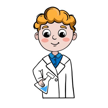  Doodle sketch boy in a white coat with a chemical flask in his hands. Illustration of a chemist, biologist on a white backgroundのイラスト素材