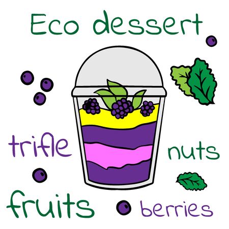  Doodle sketch eco dessert in a glass, Homemade Organic Fresh Fruit Parfait. Vegan Dessert Illustrationのイラスト素材