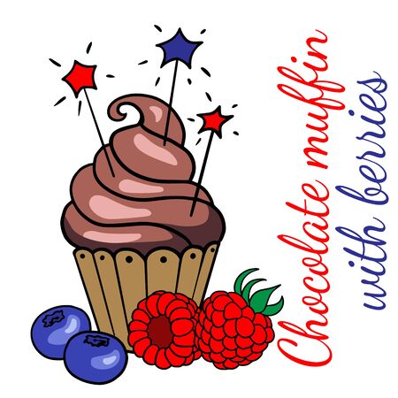 doodle sketch chocolate muffin with berries on a white background, illustration of sweets.のイラスト素材