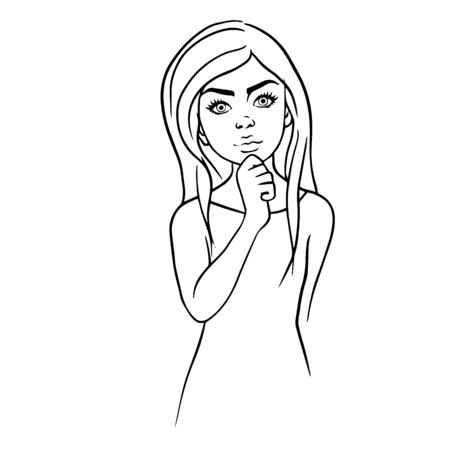 girl thinking with a finger at the chin. doodle illustrationのイラスト素材
