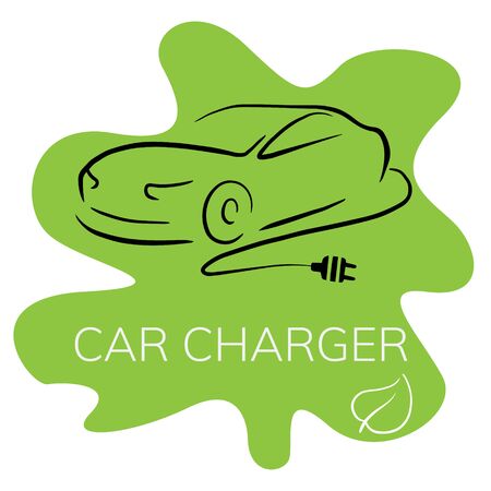  Doodle sketch illustration of an electric car on a white background. Icon of an electro car with a charging wire.のイラスト素材