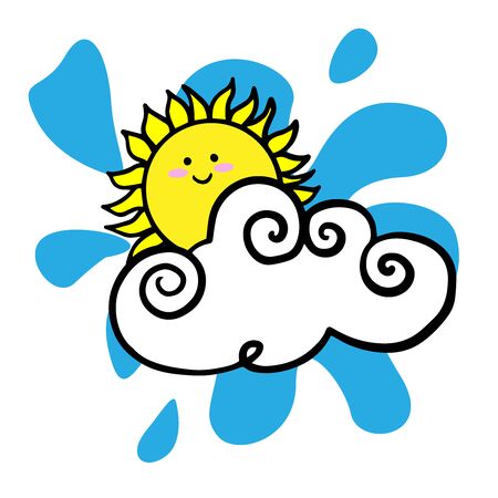 Doodle sketch sun hiding behind a cloud, cartoon drawings on a white backgroundのイラスト素材