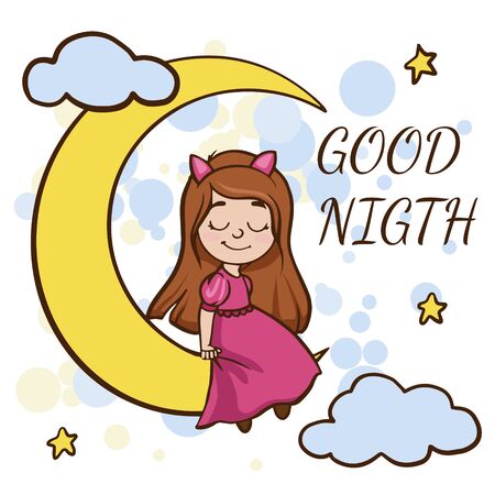 Doodle sketch of a cute girl sitting on the moon. Simple flat illustration of a child on a white background with clouds and stars.のイラスト素材