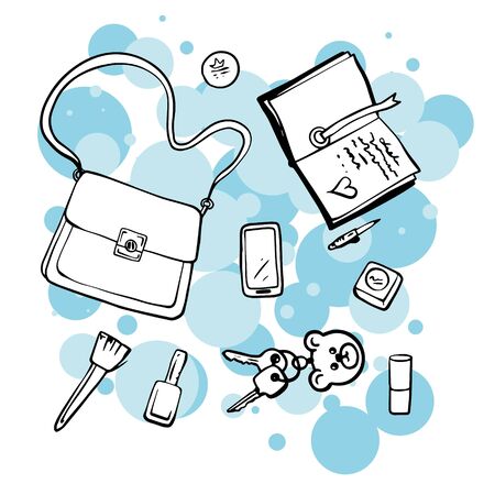 Doodle sketch womens handbag and cosmetics. Simple, flat illustration of a bag, lipstick, keys, notebook, brushのイラスト素材