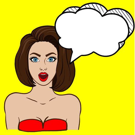 Doodle sketch short-haired brunette girl. Illustration of a surprised pop art womanのイラスト素材