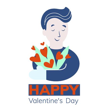 Simple, flat illustration of a guy, a man with a bouquet of flowers on a white backgroundのイラスト素材