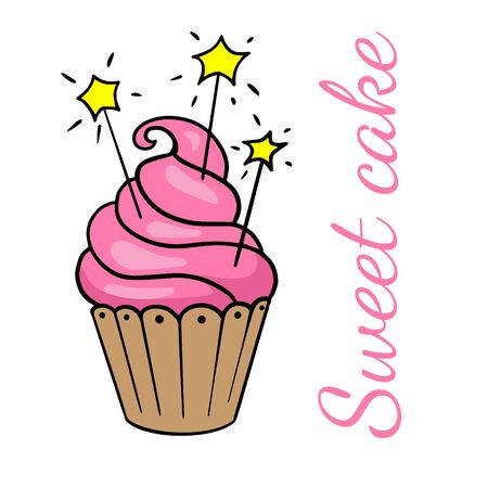 Delicious cupcake, illustration of a pink holiday cake on a white backgroundのイラスト素材