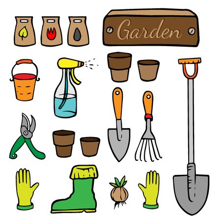 doodle sketch garden tools on white background, cartoon drawing inventoryのイラスト素材
