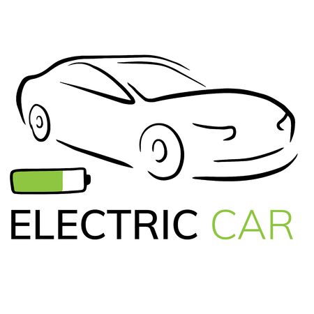 Doodle sketch illustration of an electric car on a white background. Icon of an electro car with a charging wire.のイラスト素材