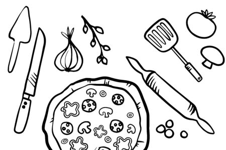 Italian pizza and ingredients top view frame. Italian food menu design template. Vintage hand drawn sketch, vector illustration. Engraved style illustration. Pizza label for menu.のイラスト素材