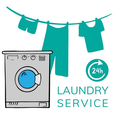 Hand drawn doodle Laundry set Vector illustration washing icons isolated on the white background. Laundry concept elements. Branding technology concept for Header banner, flyer, card, brochure.のイラスト素材