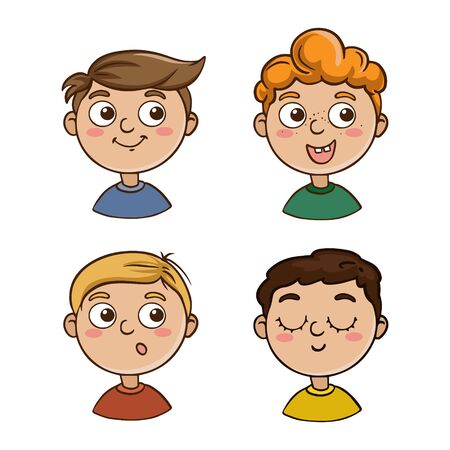 Collection of portraits of children in cartoon style. Cute characters kids boys on a white background.のイラスト素材