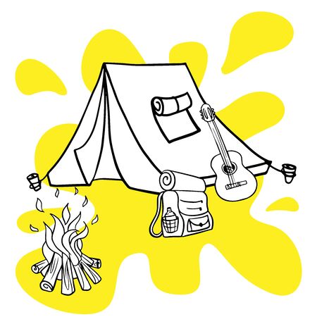 doodle sketch camping, rest with a tent in the forest, cartoon illustration on a white background.のイラスト素材