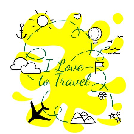 doodle sketch icons travel, plane, suitcase, anchor, sun, clouds on white backgroundのイラスト素材