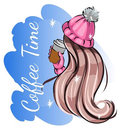 fashion sketch of a girl with long beautiful hair in a winter hat and a cup of coffee. Winter illustration of a woman from the back.のイラスト素材