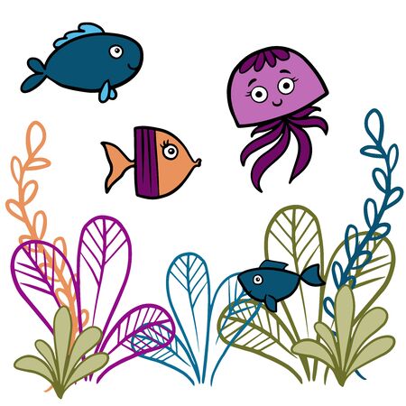 doodle sketch of fish on white background, cartoon drawingのイラスト素材