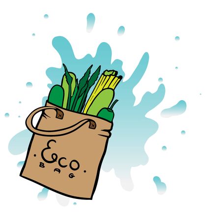 doodle sketch eco bag with vegetables, cartoon drawing on a white backgroundのイラスト素材