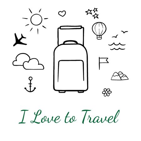 Doodle sketch suitcase and travel icons on white backgroundのイラスト素材