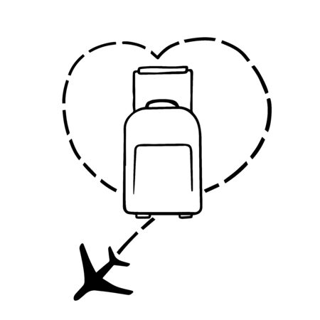 doodle sketch suitcase with airplane, icon of love for travel, cartoon illustrationのイラスト素材